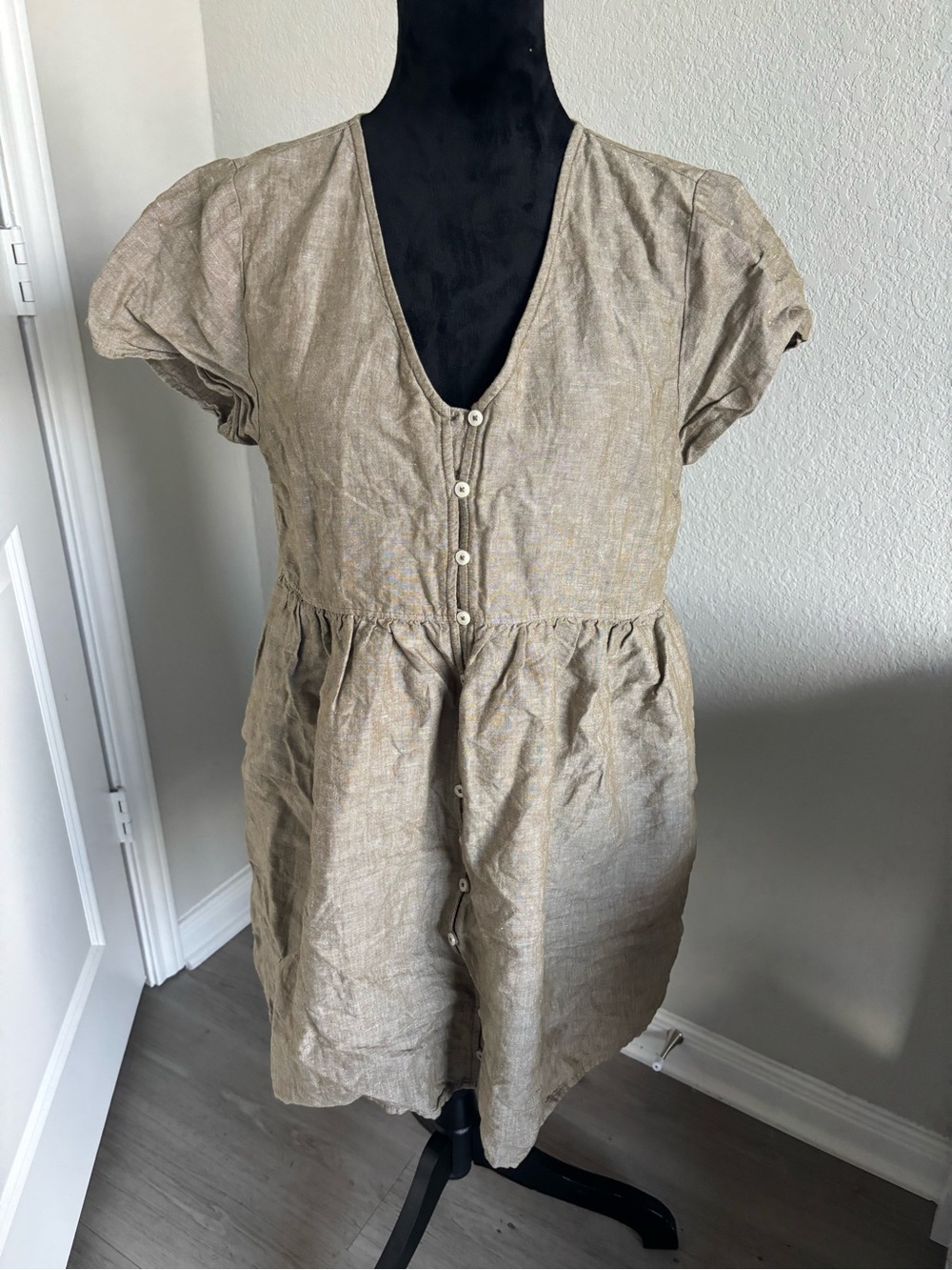Madewell Linen-Blend Alexandra Button-Front Mini Dress in olive branch size L